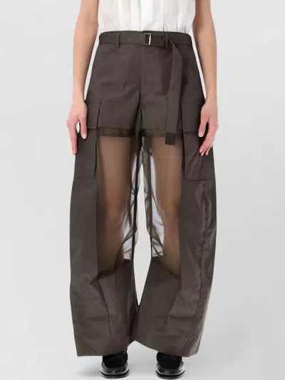 Sacai Belted Cargo Shorts Sheer Panel Design In Brown