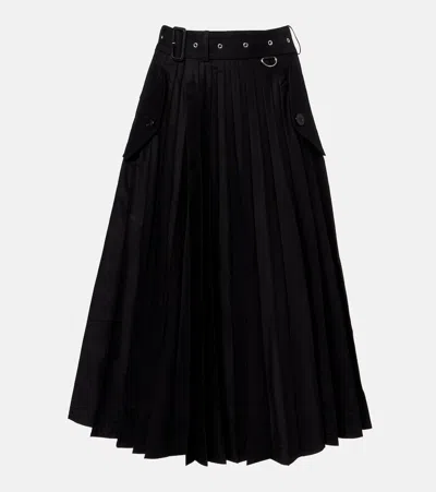 Sacai Belted Cotton-blend Gabardine Midi Skirt In Black