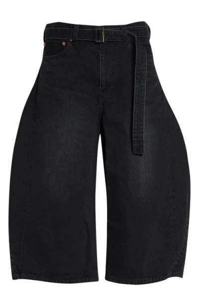 Sacai Belted Crop Denim Barrel Leg Jeans In Black