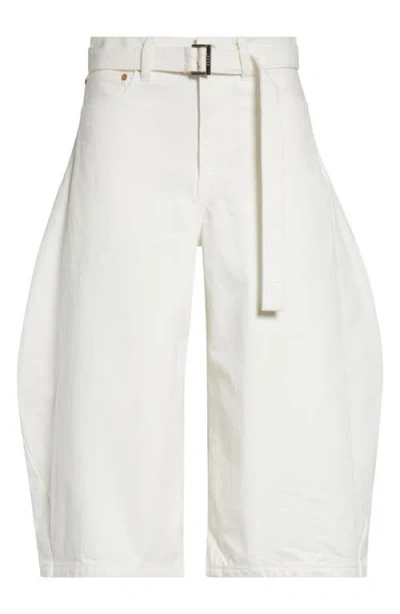 Sacai Belted Crop Denim Barrel Leg Jeans In White