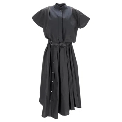 Sacai Belted Cut-out Midi Shirt Dress In Black Polyester In Gray