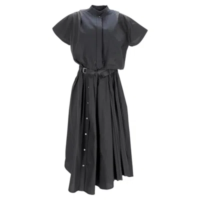 Pre-owned Sacai Belted Cut-out Midi Shirt Dress In Black Polyester