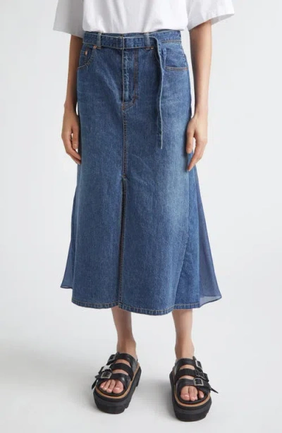 Sacai Belted Denim Midi Skirt In Blue