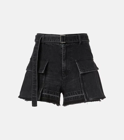 Sacai Belted Denim Shorts In Black