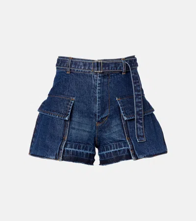 Sacai Belted Denim Shorts In Blue