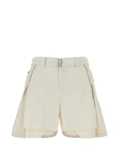 Sacai Polyester Denim Shorts Belted Waist Pleats Pockets In Yellow