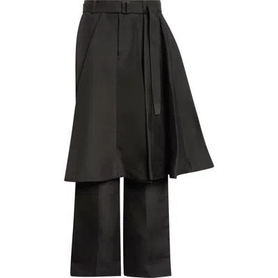 Sacai Belted Double-faced Silk & Cotton Skirted Pants In Black