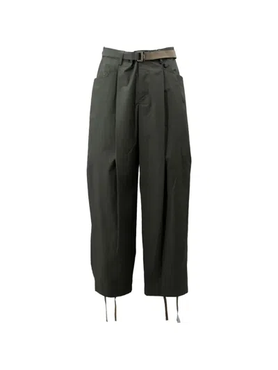 Sacai Belted Drawstring-hem Trousers In Gray
