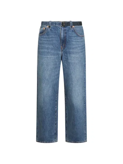 Sacai Belted Faded-effect Jeans In Blue