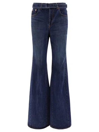 Sacai Belted Flared Jeans In Blue