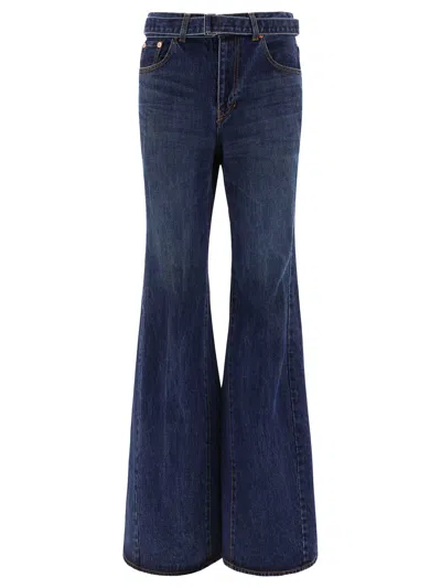 Sacai Belted Flared Jeans In Navy