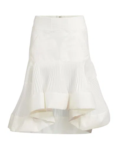 Sacai Belted Grosgrain-trimmed Pleated Floral-print Satin Midi Skirt In White