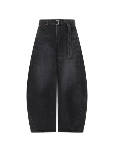 Sacai Duck Wide-leg Pants With Curved Silhouette And Buckle Belt In Black
