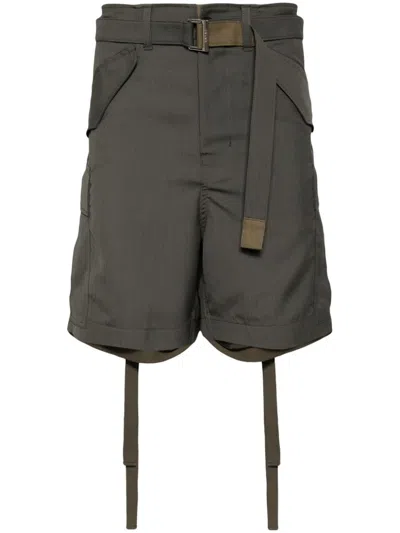 Sacai Belted Knee-length Shorts In Green