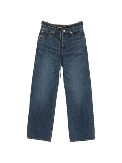 Sacai Belted Layered-waist Jeans In Blue