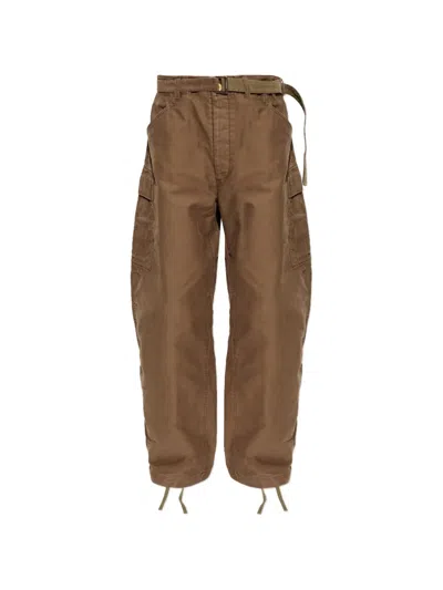 Sacai Mens Belted Drawstring-hem Cotton Trousers Brown