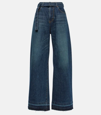 Sacai Belted Frayed Wide-leg Jeans In Blue