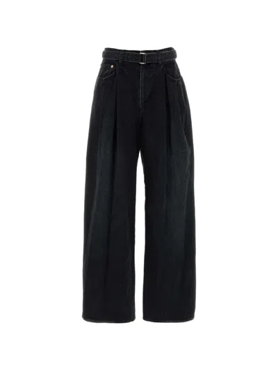 Sacai Belted Pleated Jeans In Blue