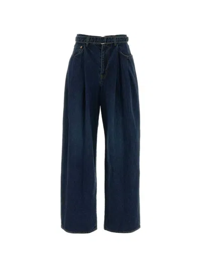 Sacai Belted Pleated Jeans In Blue