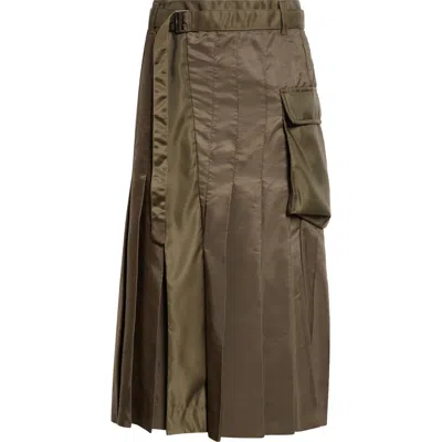 Sacai Belted Pleated Midi Skirt In Brown