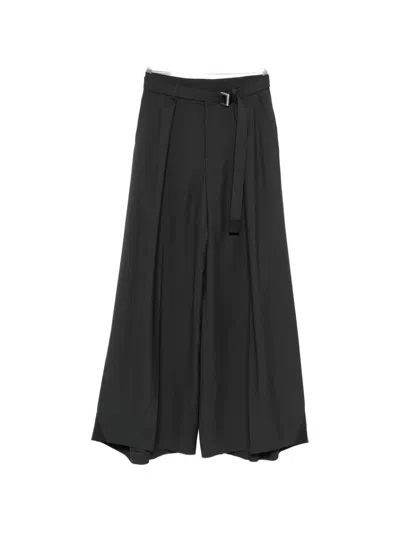 Sacai Belted Pleated Trousers In Black