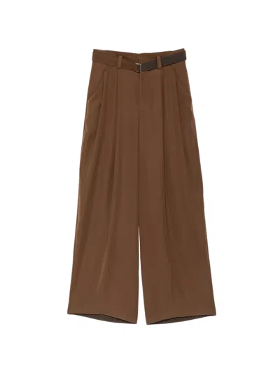 Sacai Belted Pleated Trousers In Brown