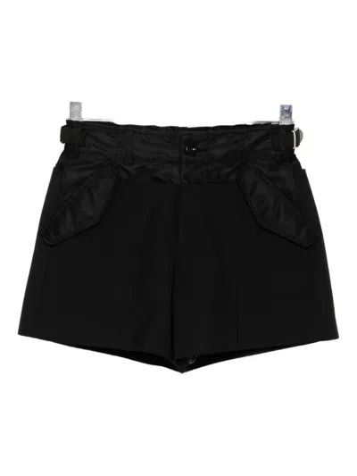 Sacai Front Pleats Wool Blend Shorts In Black
