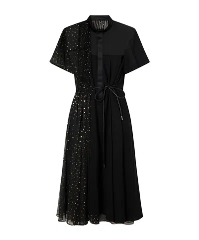 Sacai Belted Polka-dot Chiffon And Satin Midi Dress In Black