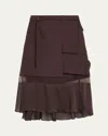 Sacai Belted Sheer-insert Midi Skirt In Brown