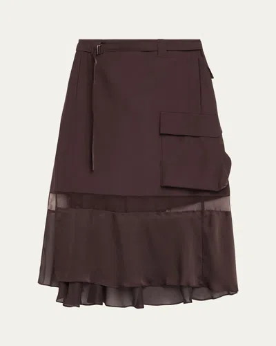 Sacai Belted Sheer-insert Midi Skirt In Brown