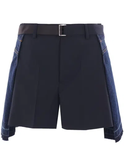 Sacai Belted Pleated Denim And Shell Shorts In 蓝色