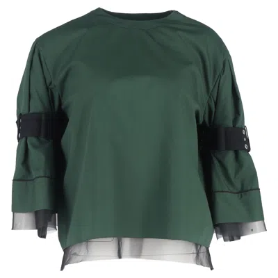 Sacai Belted Sleeve Blouse In Green Cotton