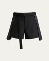 Sacai Belted Suiting Denim Mini Shorts In Black/indigo