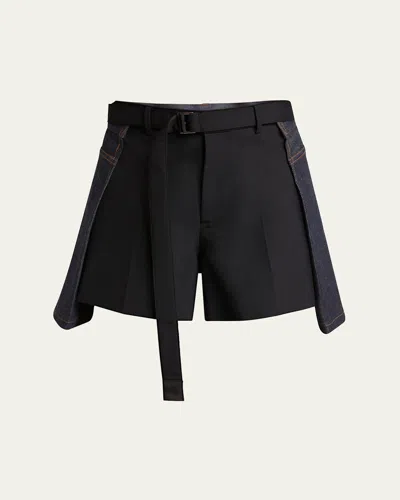 Sacai Belted Suiting Denim Mini Shorts In Black/indigo