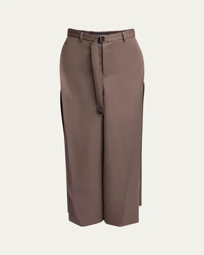 Sacai Belted Suiting Pleated Wool Skirt In Taupe