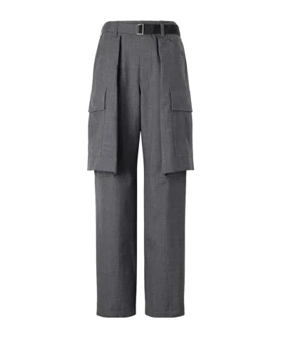 Sacai Pleated Belted Twill Wide-leg Pants In Gray