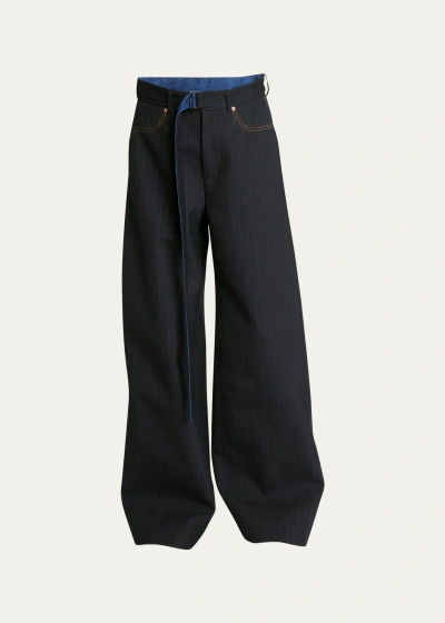 Sacai Belted Wide-leg Pinstripe Trousers In Navy