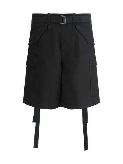 Sacai Belted Waist Cargo Shorts With Strap Accents In Black