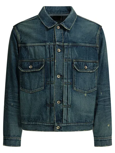 Sacai Checked-lining Denim Jacket In Green