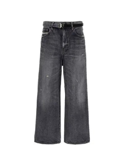 Sacai Beyondexx Wide-leg Belted Distressed Jeans In Gray