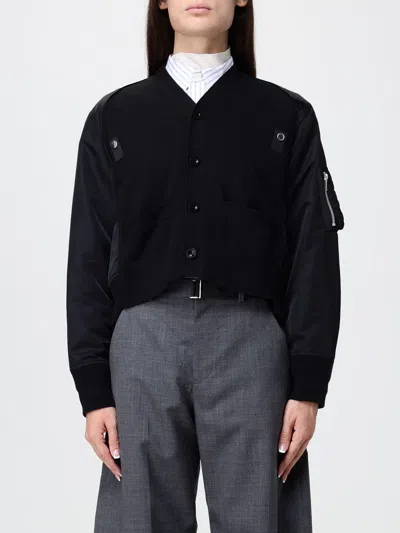 Sacai Bicolor Cotton And Nylon Cardigan With Zip Pockets In Black