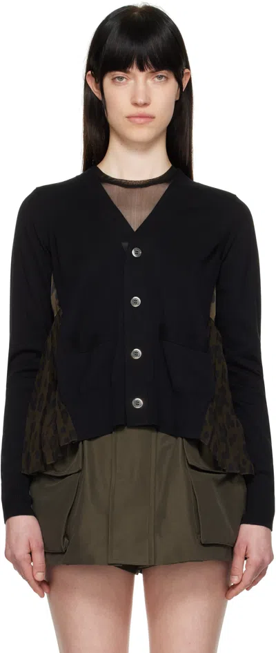 SACAI BLACK & BROWN LEOPARD PRINT & KNIT CARDIGAN