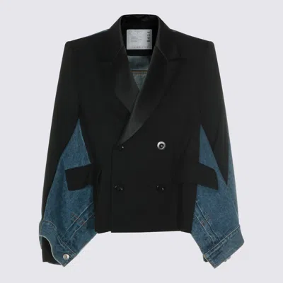 SACAI BLACK AND DENIM WOOL JACKET