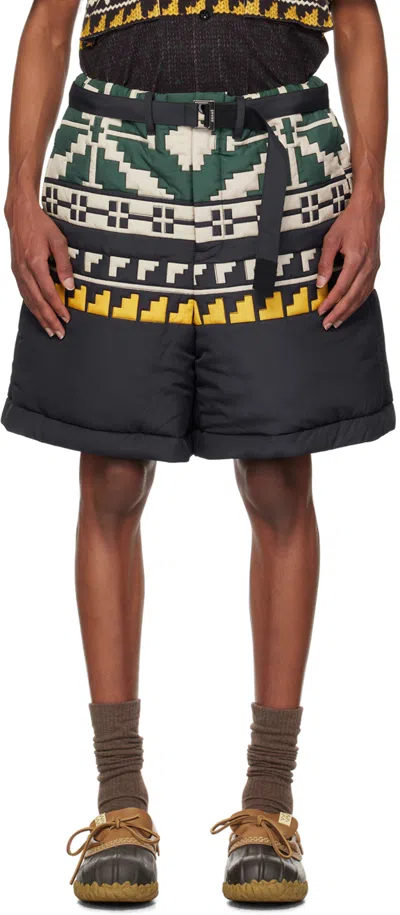 Sacai Black & Green Knit Pattern Quilted Shorts In 013 Blackxgreen