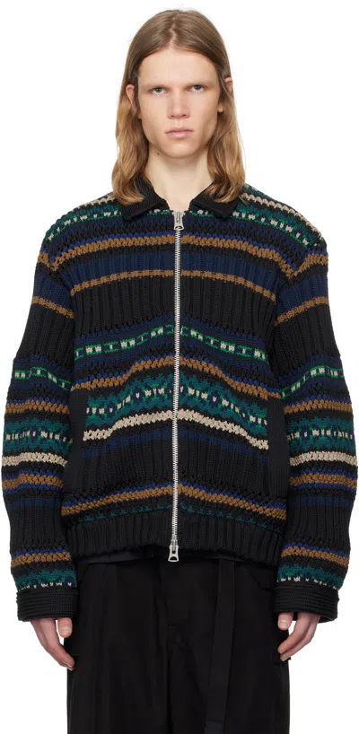 Sacai Black & Green Mesh Knit Cardigan In 001 Black