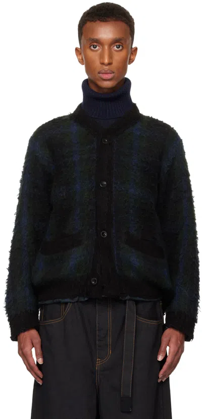 Sacai Black & Green Plaid Knit Cardigan In 001 Black