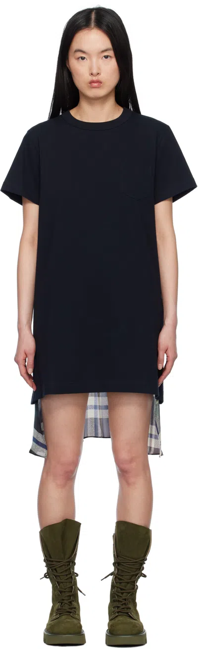 Sacai Black & Green Plaid Print Cotton Jersey Minidress In 564 Green*brown