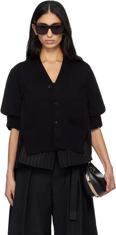 Sacai Black Chalk Stripe & Cotton Knit Cardigan