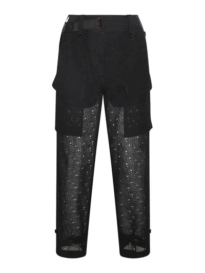 Sacai Logo Lace Straight-leg Cargo Pants In Black