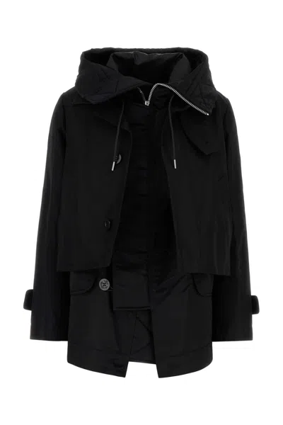 Sacai Cotton Blend Jacket With Hood And Layered Look In Black